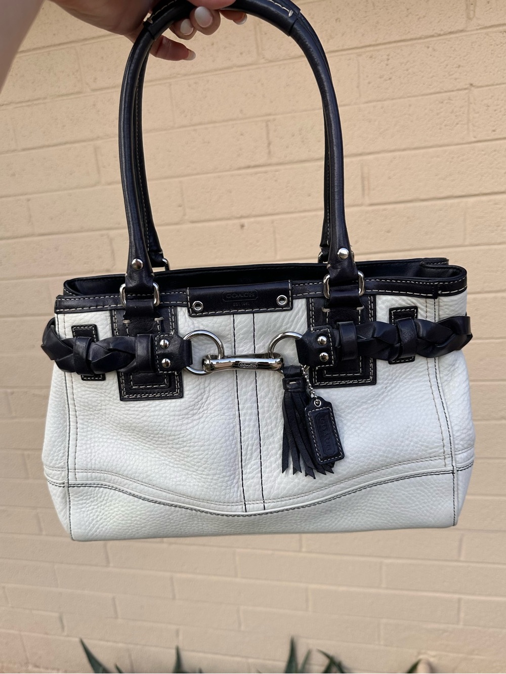 Coach White Leather Tote with Black Trim and Braided Accent - Picture 2 of 11